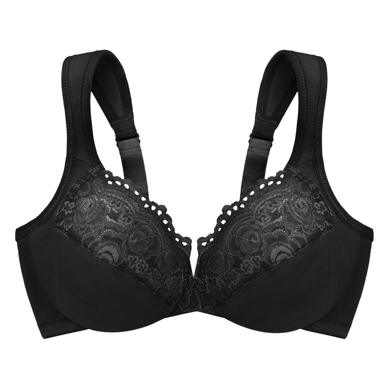 Glamorise Full Figure Plus Size Low Cut Wonderwire Lace Bra Underwire #1240 Black - Image 3
